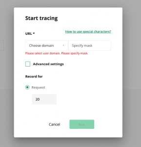 PHP X-Ray Start Tracing panel