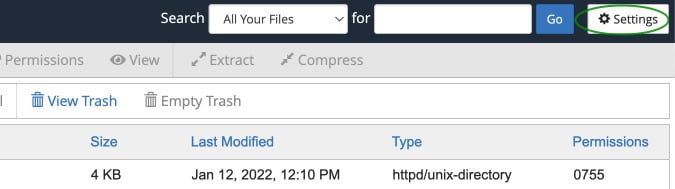 Settings in cPanel File Manager
