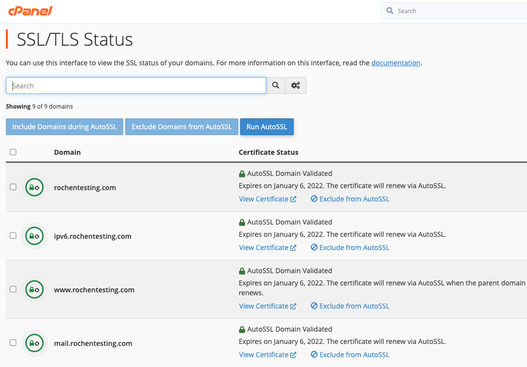 SSL/TLS Status view for AutoSSL in cPanel account