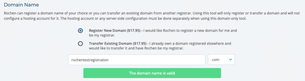 Screenshot showing register or transfer options for domain and input field